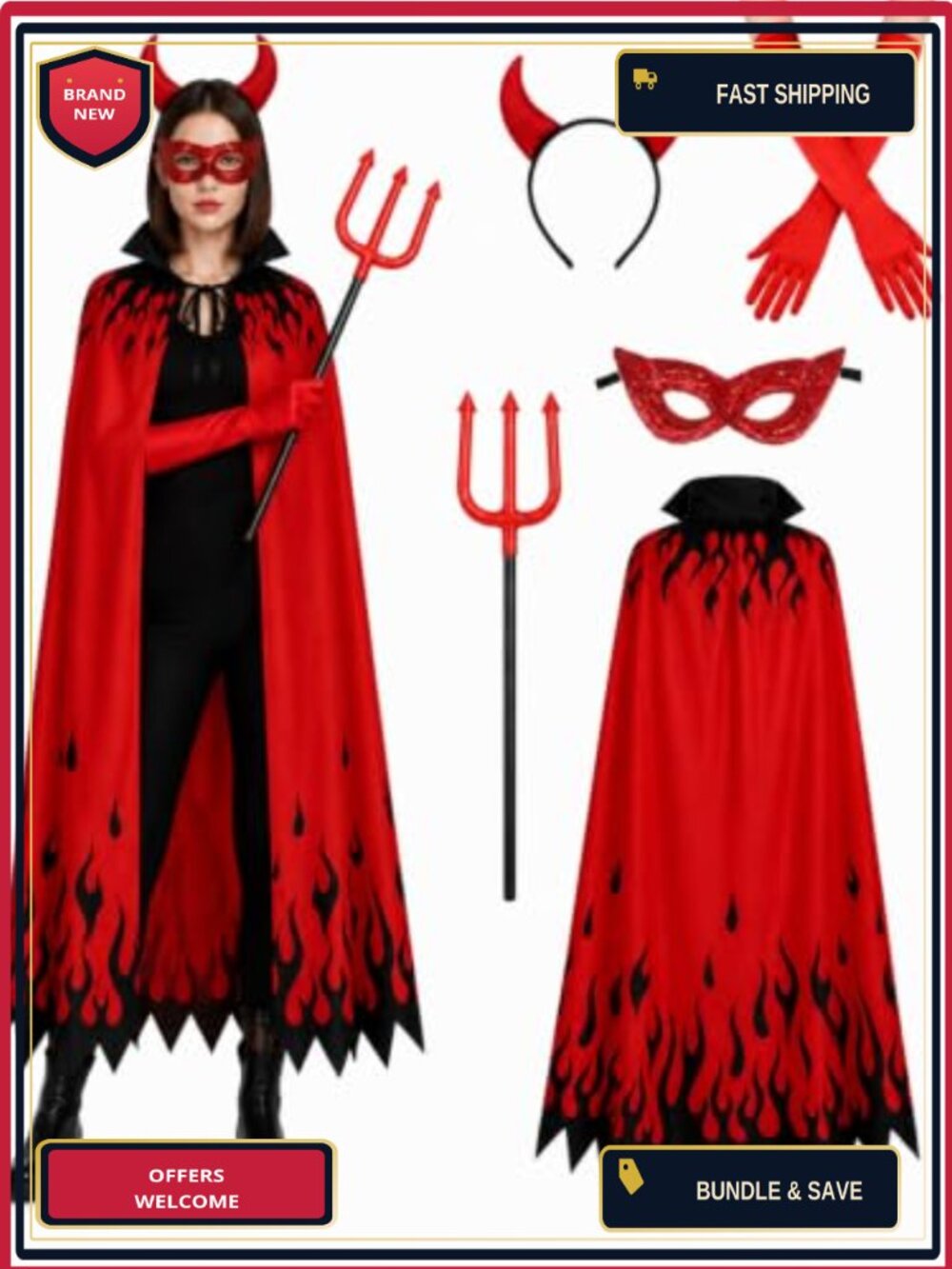 5 Pc Devil Costume Set Flame Cape Trident Horns Gloves Mask